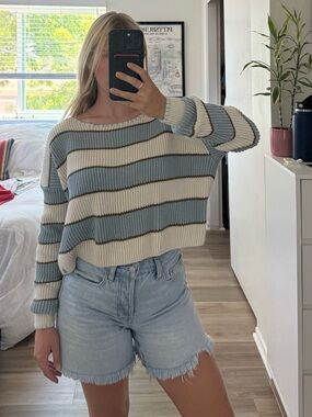 Levitate Striped Rib-Knit Sweater - Blue/Cream/Olive